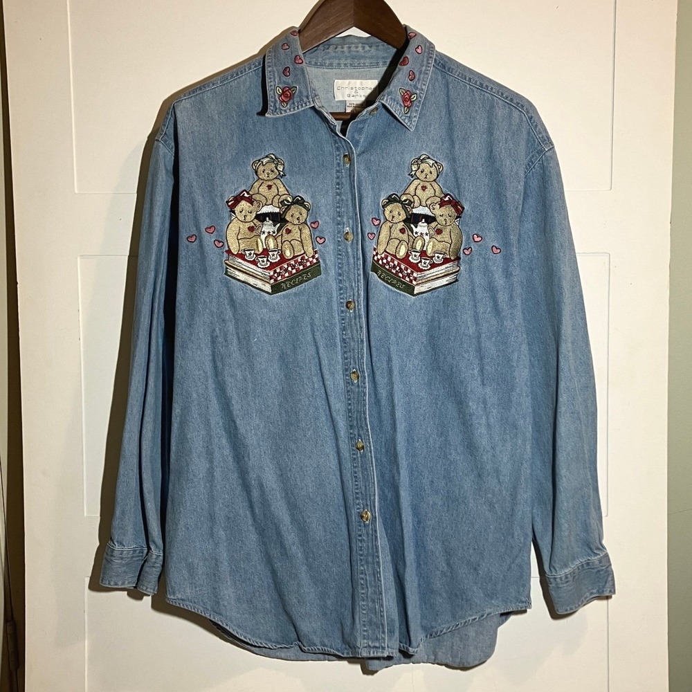 Christopher & Banks Womens L Denim Button Embroidered Bears Heart Whimsy Cottage